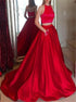 Two Piece A Line Halter Pockets Satin Red Prom Dresses LBQ1935